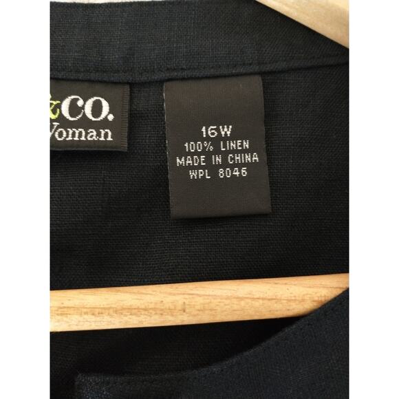 Style & Co Woman's Linen Tunic Top 16W Black Embroidery Dark Cottage Lagenlook - Picture 2 of 12